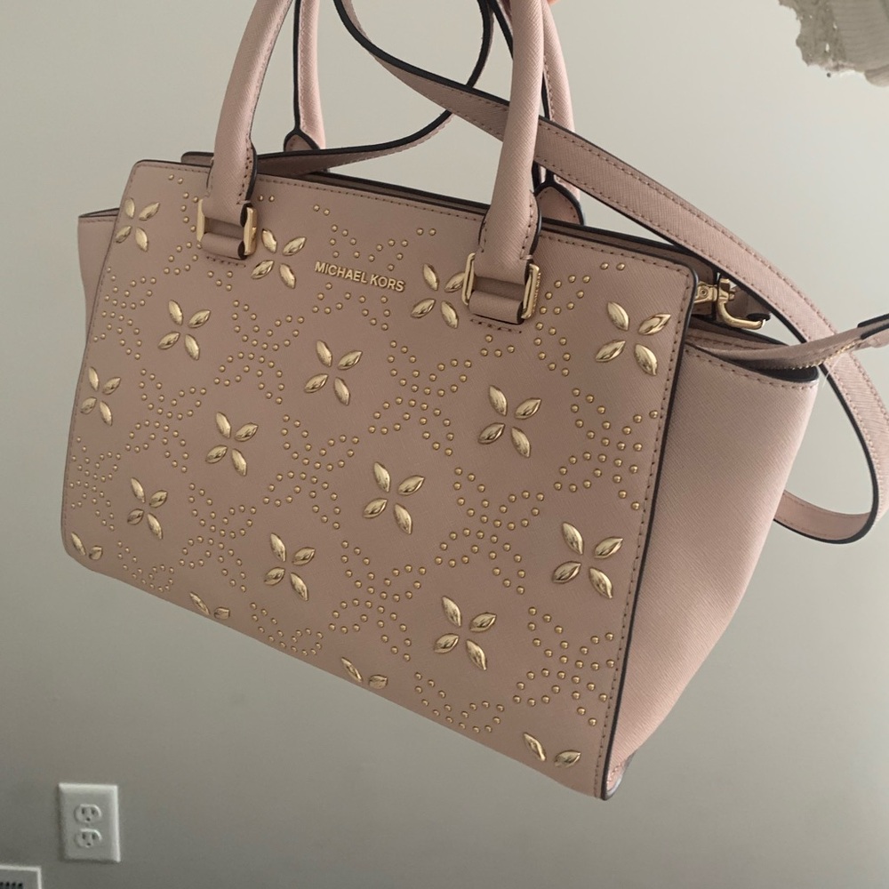 Michael Kors Blush Light Pink Saffiano Leather Satchel with Gold Accents